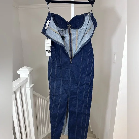 NWT Zara Blue Denim Midi Bustier Corset Party Dress Medium - Picture 11 of 16